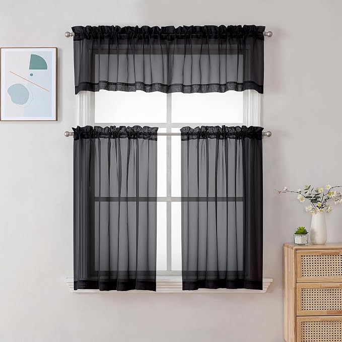 Chyhomenyc Black Sheer Valance for Windows, 2 Pack | Light Filtering Voile Soft - Image 2