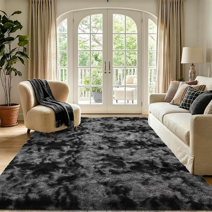 4x6 Tie-Dyed Dark Grey Fluffy Area Rug Non-Slip - Image 2