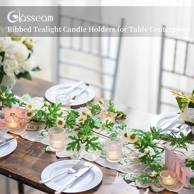Glasseam Clear Glass Votive Candle Holders: Small Tea Light Candle Holders in Bulk, Ribbed Vintage Candle Holder Set of 24, Decorative Tealight Holders for Wedding Centerpieces Party Decorations