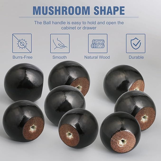 FoDau770 30pcs Black Wood Knobs, Round Ball Cabinet Knobs Vintage Drawer Pulls, Natural Wooden Cabinet Hardware for Furniture Drawer Dresser Wardrobe Cupboard - 1-1/4" Diameter