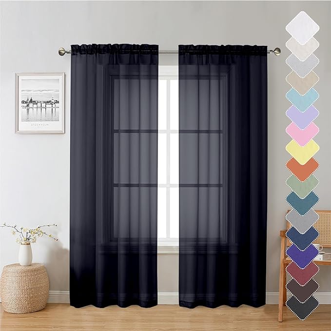 Black Sheer Curtain Panels 72 Inch Length, Light Filtering Window Curtain by Lecloud