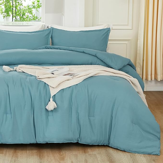 Litanika Grayish Teal Comforter Queen Size, 3 Pieces Lightweight Solid Bedding Set, All Season Fluffy Bed Set (90x90In Comforter & 2 Pillowcases)