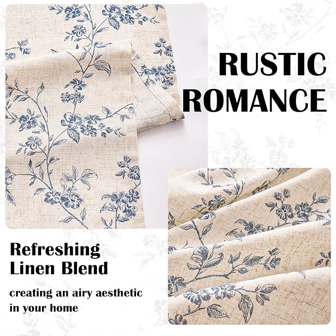 Blue on Beige Linen Kitchen Curtains Rod Pocket 26W X 36L 2 Panels | Elisa - Image 5
