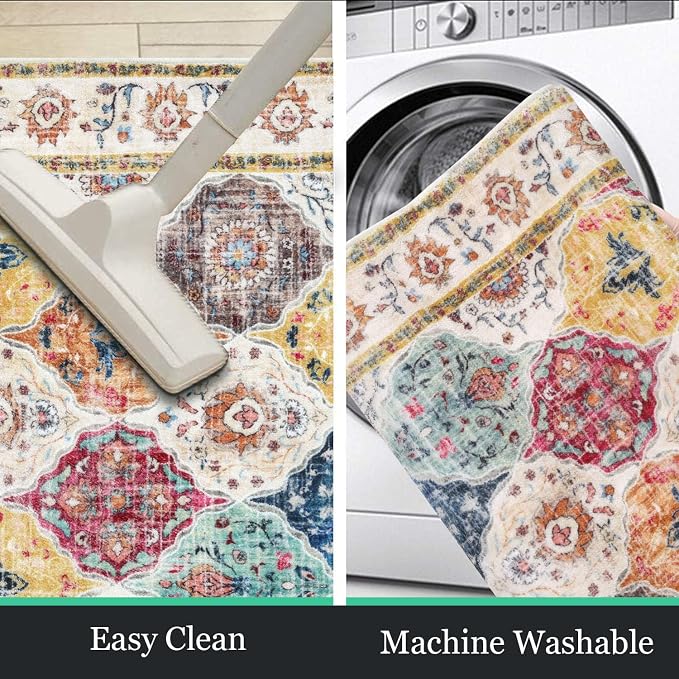 HEBE Area Rug for Entryway 3'x5', Washable Non Slip Boho Bedroom Rug | Soft - Image 4