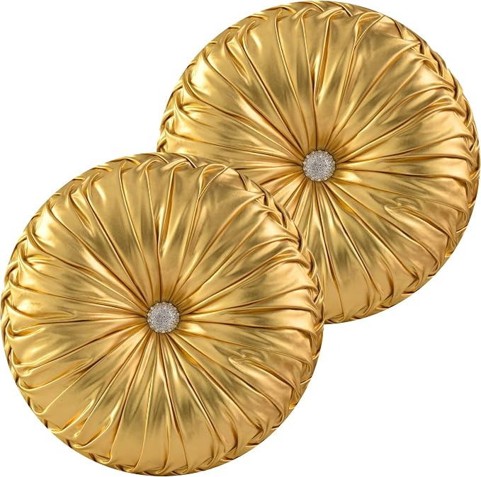 HIG Set of 2 Gold Metallic Leather Decorative Round Pleated Throw Pillows | - Image 2