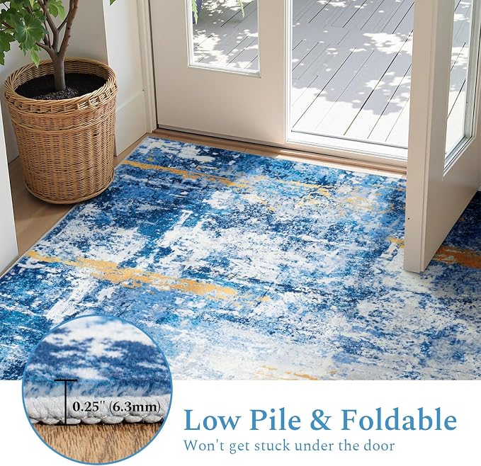 Rugflix 5x7 Area Rugs for Living Room, Washable Sky Blue Gold Large Rug | - Image 5