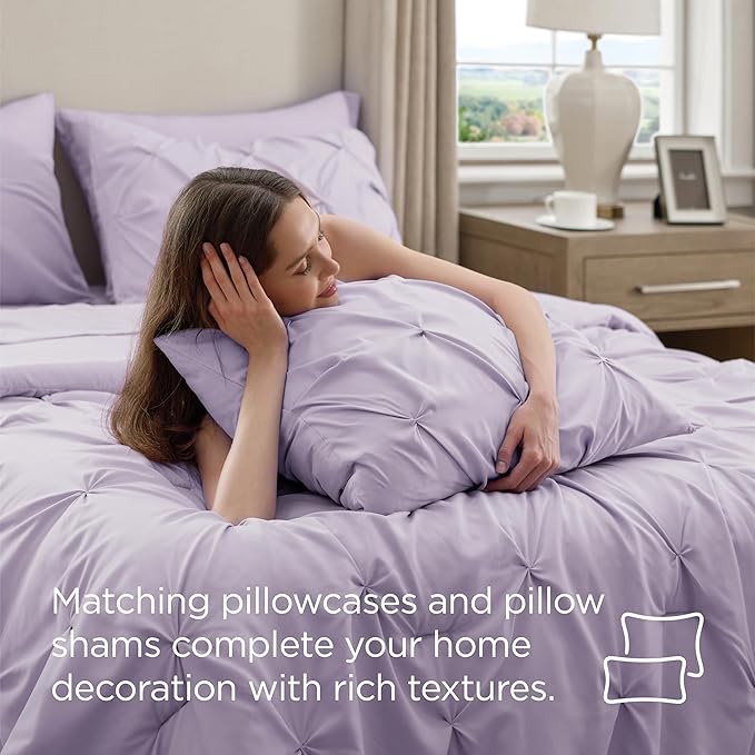 Bedsure Twin Comforter Set Light Purple - Bed in a Bag Twin Size Bedding 5 Pieces, GentleSoft™ Pintuck Bed Set Gift for Family, Pinch Pleat Light Purple Comforter with Sheets, Pillowcase & Sham