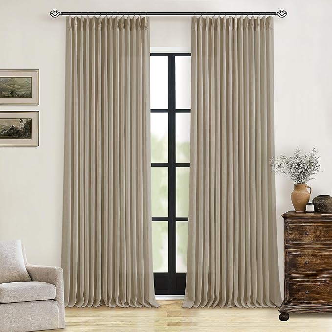 Pleated Linen Semi Sheer Grey Beige Memory Shaped Curtains 90 Inches Long | by Twodrapes