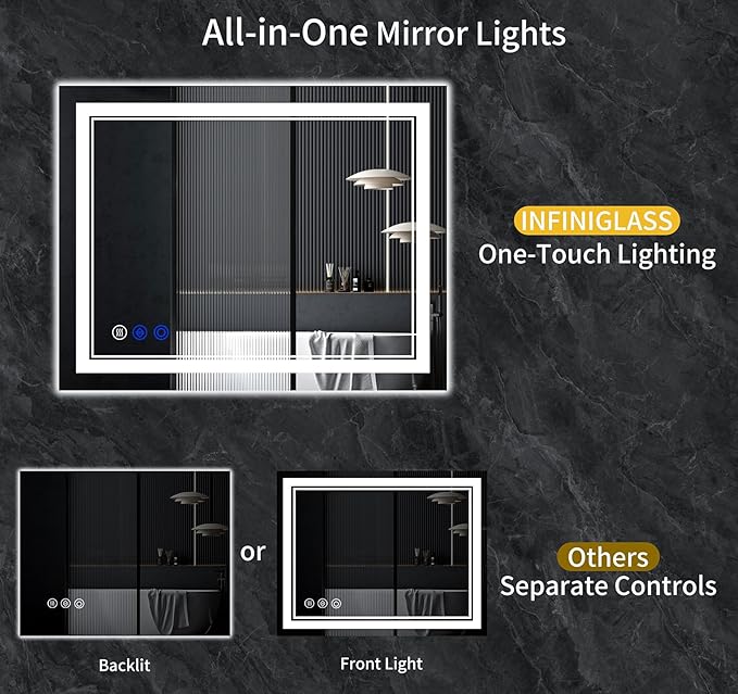 40"x36" LED Bathroom Mirror with Anti-Fog, Stepless Dimmable Lights, 3 Color Modes, Shatter-Proof Tempered Glass, Memory Function & Waterproof Design