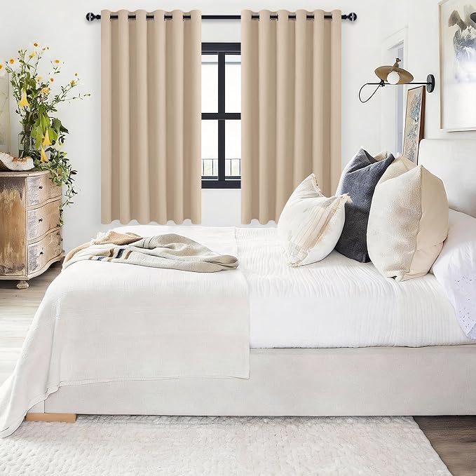 Grommet Blackout Curtains for Bedroom 70 x 63 Inches Beige 2 Panels | Thermal - Image 6