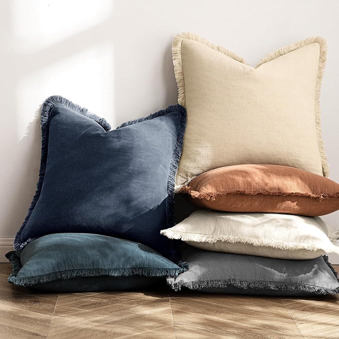 MIULEE Linen Fringe Decorative Euro Throw Pillow Covers Indigo Blue 24x24 | Set - Image 4