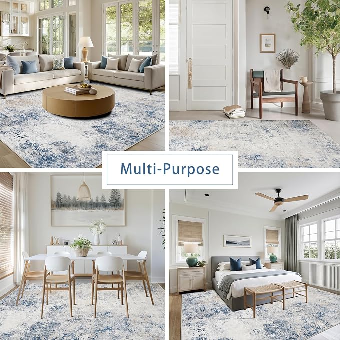 8x10 Washable Area Rugs for Living Room, Dining Room- Blue Beige | Modern - Image 5