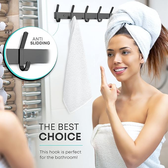 Matte Black Coat Rack Wall Mount – 17 Inch Stainless Steel Hook Rail with 6 Double Coat Hooks – Wall Mounted Entryway Organizer for Coats, Hats, Bags, Towels, Robes, Closet or Bathroom