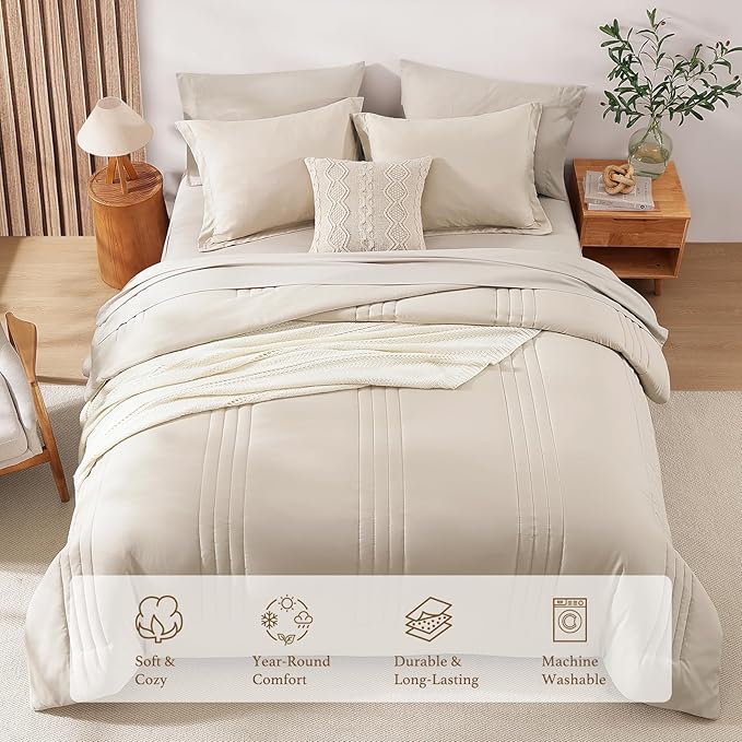 Monbix Oversized Queen Comforter Set - 7 Pieces Apricot Beige Bed in a Bag Queen Bedding Sets with Comforters, All Seasons Down Alternative Comforter Bed Set with Sheets,Pillowcases & Shams