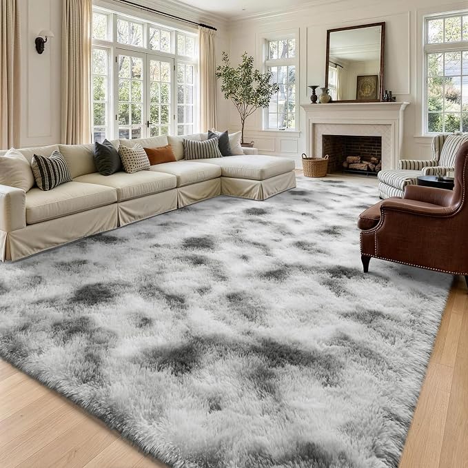 8x10 Extra Large Tie-Dyed Grey and White Fluffy Area Rug Non-Slip - Image 2