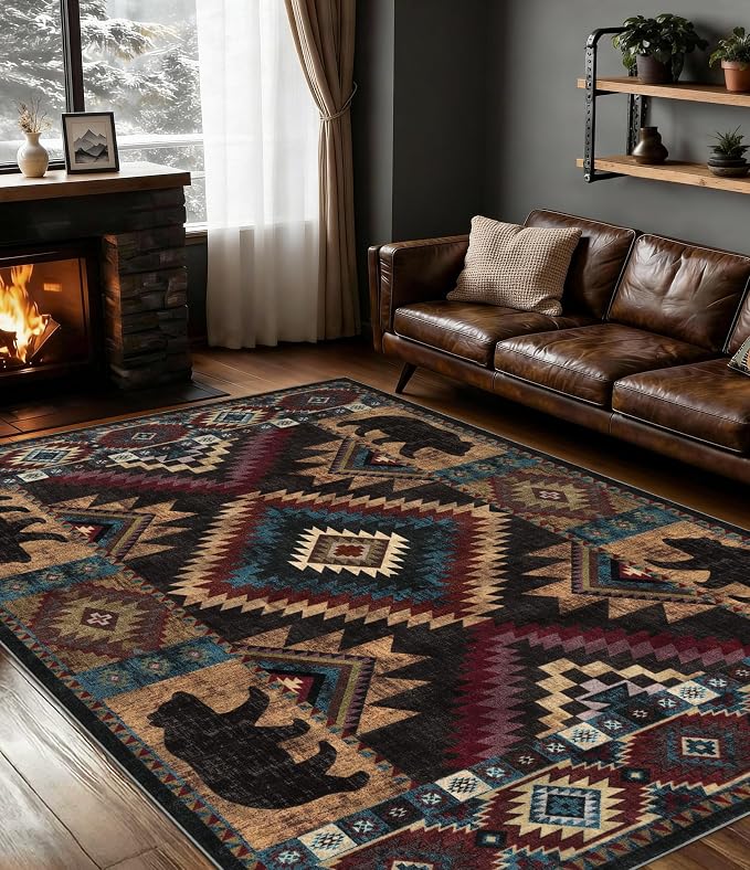 Rustic Cabin Area Rug for Bedroom 5x7, Machine Washable Lodge Bear Rug by YIHOUSE