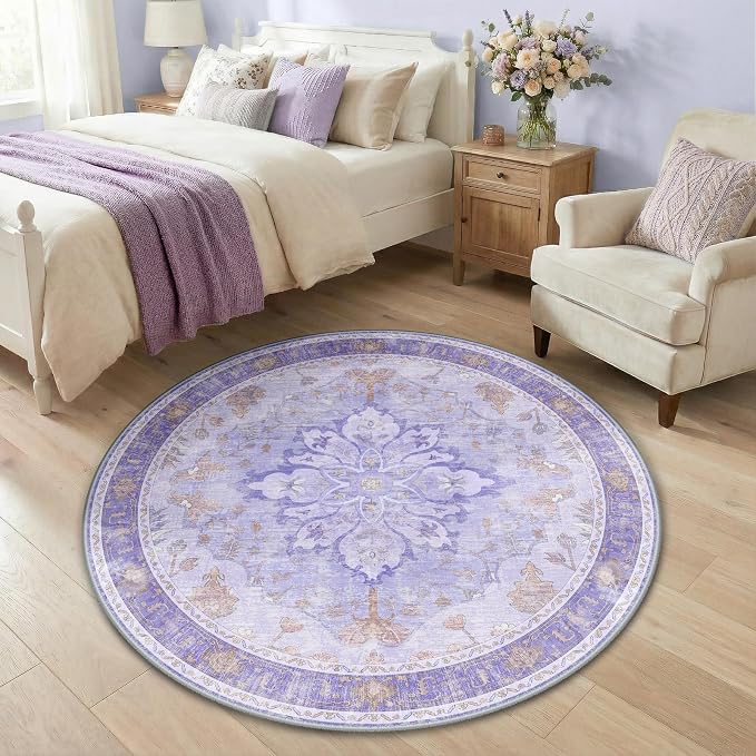 RELEANY Washable Area Rug, Round 4ft, Water Repellent, Pet Friendly, Vintage by RELEANY