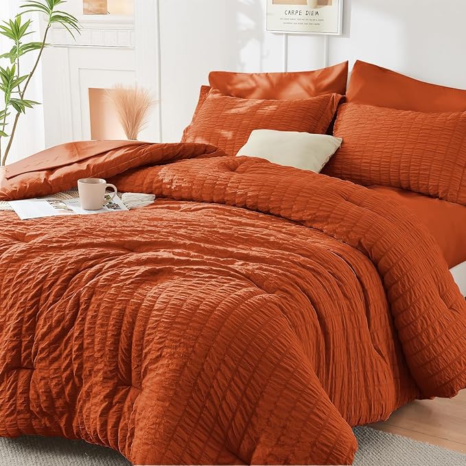 HYMOKEGE Burnt Orange King Size Comforter Set Seersucker 7 Pieces, All Season Luxury Bed in a Bag for Bedroom, Bedding Set with Comforters, Sheets, Pillowcases & Shams