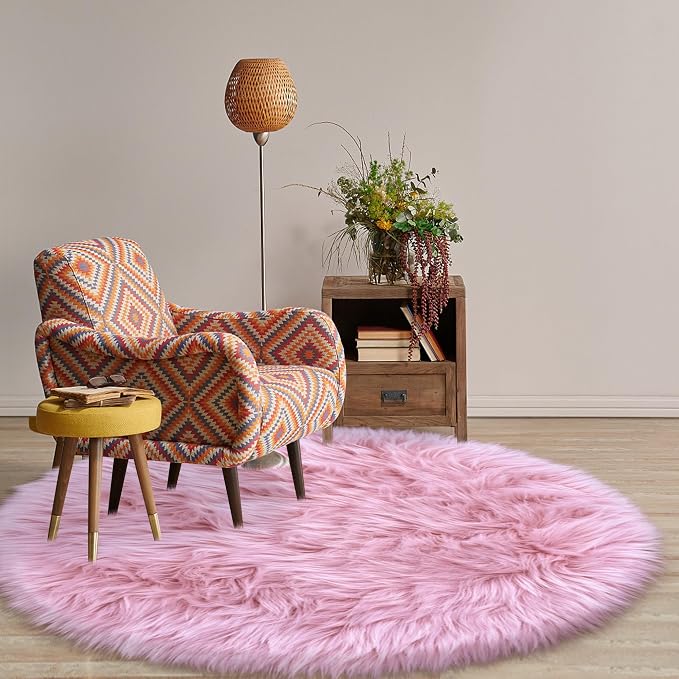 Pink 5'X5' High Pile Shag Rug, Fluffy Round Rug - Image 3