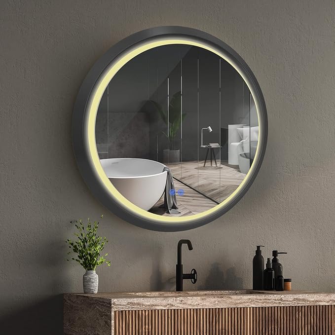 Fab Glass 32 Inch Front Lit LED Circle Vanity Bathroom Mirror, Anti-Fog Dimmable Touch & 3 Color Modes Round Framed LED Mirror 32" L X 32" W Black