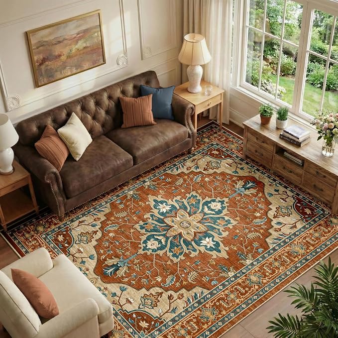 RELEANY Washable Area Rug, Water Repellent, Pet Friendly, Vintage Floral Boho by RELEANY