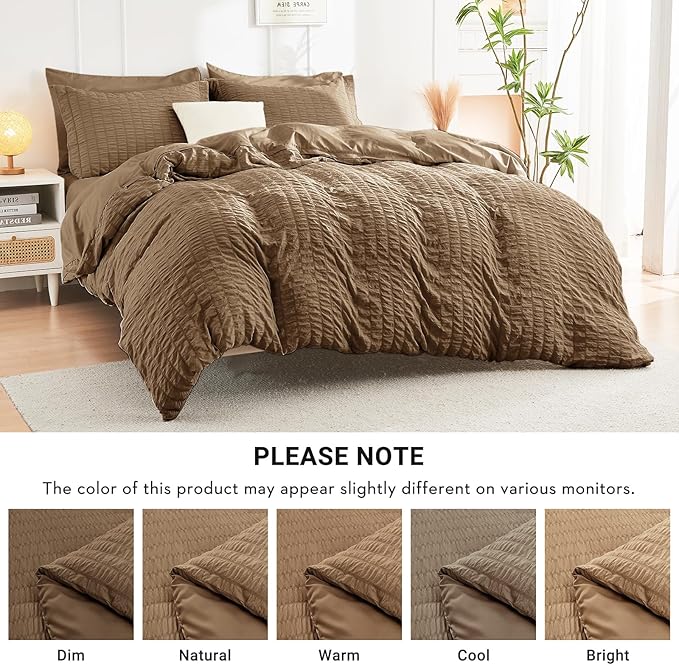 HYMOKEGE Brown Twin Comforter Set Seersucker 5 Pieces, All Season Luxury Bed in a Bag for Bedroom, Bedding Set with Comforter, Sheets, Pillowcase & Sham