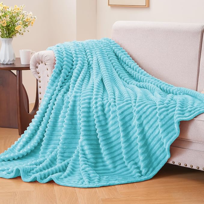 BEDELITE Ribbed Jacquard Light Blue Fleece Twin Blanket - Image 2