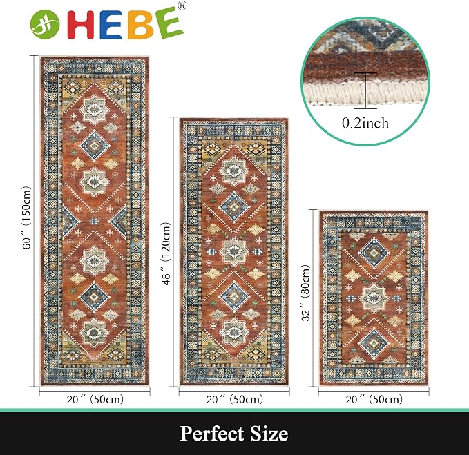 HEBE Boho Kitchen Rugs Set of 3, Non Slip Washable Kitchen Mats - Image 2