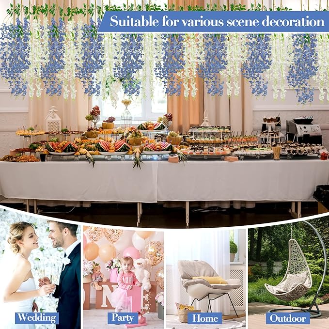 Giegxin 24 Pcs Artificial Wisteria Hanging Flowers 3.6 ft Artificial Fake Wisteria Vine Rattan Hanging Garland Silk Flowers String for Wall Home Wedding Party Greenery Decorations (Blue,White)