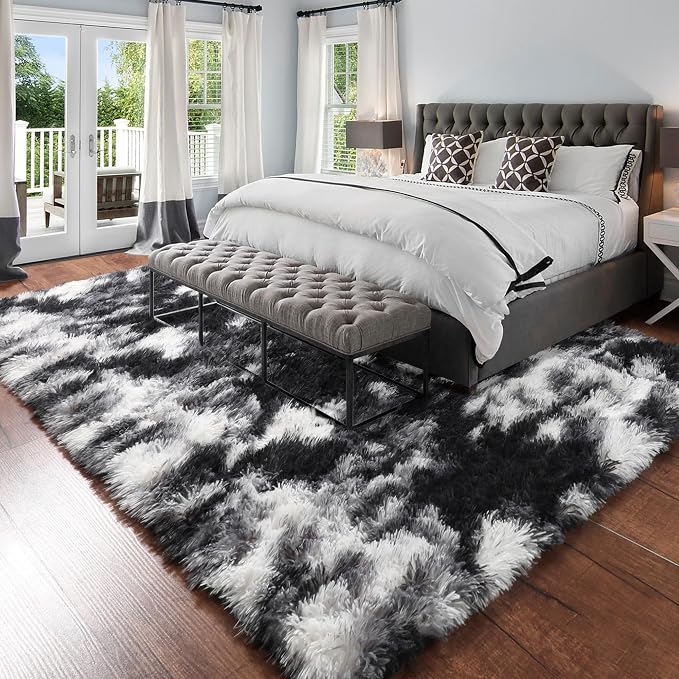 Amdrebio Black White Grey Large Fur Rug 8x10 - Image 3