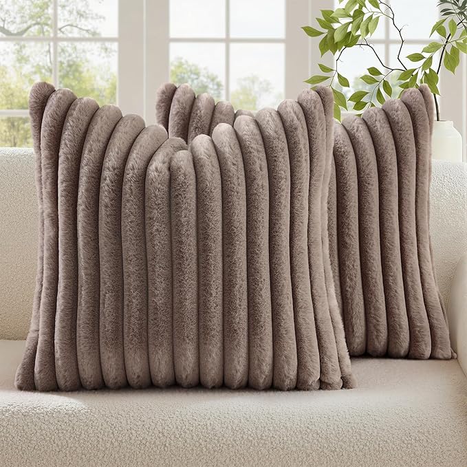 decorUhome Fall Faux Fur Throw Pillow Covers 24x24 Set of 2 Light Coffee | by decorUhome