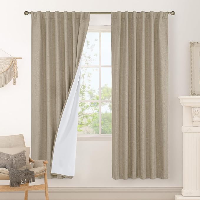80 Inch 100% Blackout Natural Linen Curtains 2 Panels, 52 x 80 Inch | Privacy by LAMIT