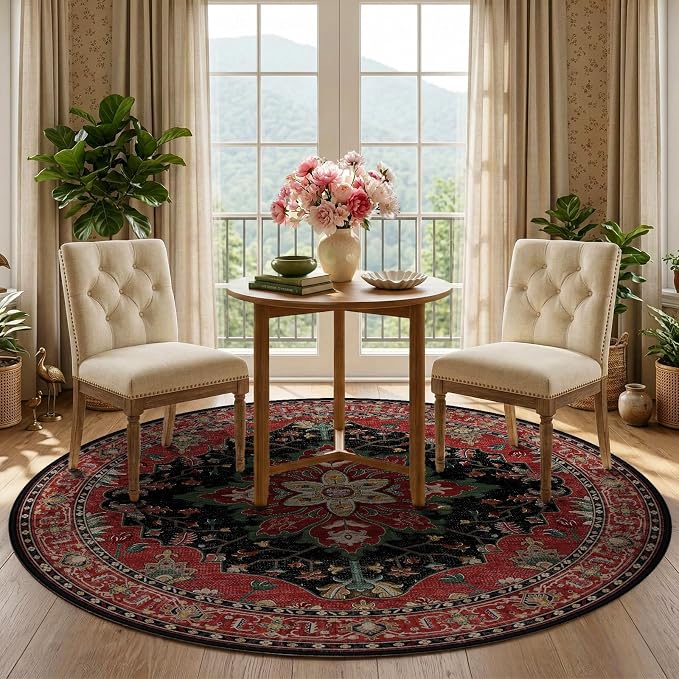 RELEANY Washable Area Rug, Round 5ft, Water Repellent, Pet Friendly, Vintage - Image 3