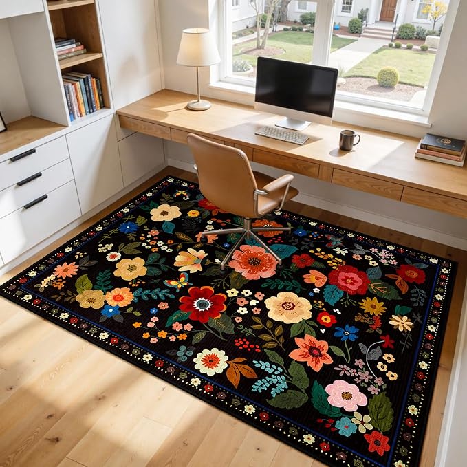 RELEANY Floral Washable 5x8 Area Rugs Black | Flower Carpet Print Boho Cute Non - Image 6
