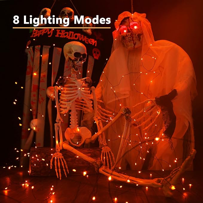 Brizled Orange Fairy Lights, 2 Pack Total 78FT 240 LED Solar Halloween Fairy Lights, 8 Modes Outdoor Halloween Lights, Waterproof Orange Twinkle Light for Outside Party Yard Decor Black Wire