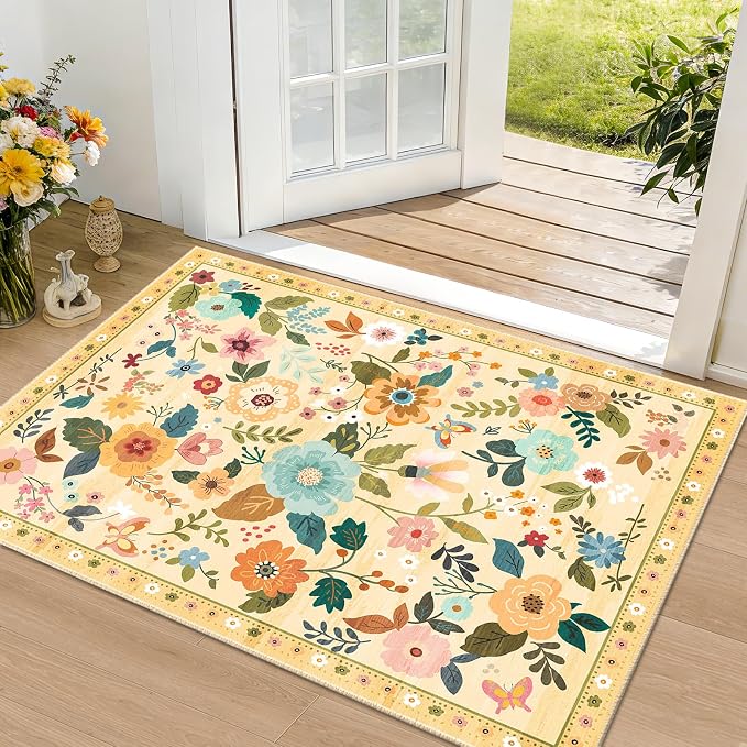 RELEANY Floral Washable 2x3 Area Rugs Doormat Ivory/Yellow | Flower Carpet - Image 2