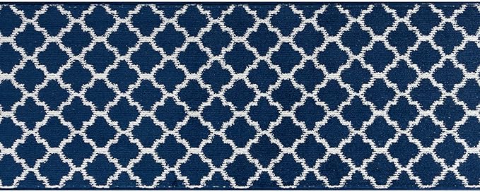 Custom Size Cut to Length Moroccan Trellis Design Runner Rug Mat For Wide Long Hallways with Non-Slip Rubber Backing, Better Traction for Pets, Prevent Slippage, Trellis Navy Blue, 31 inch X 14 feet