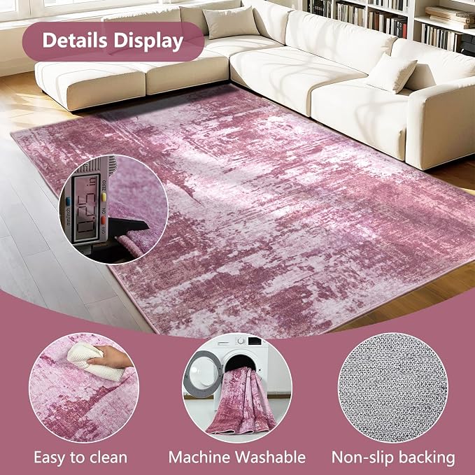 Area Rug 4x6 Pink Rug Washable Boho Rugs Non Slip Low Pile Abstract Small Carpet - Image 5