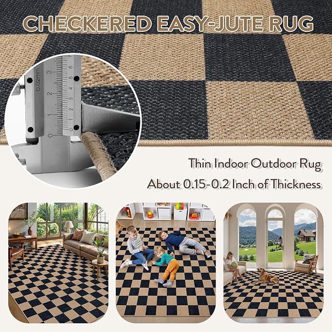 Lahome Checkered Easy Jute Living Room Rug, 9x12 Outdoor Area Rugs Washable | - Image 5
