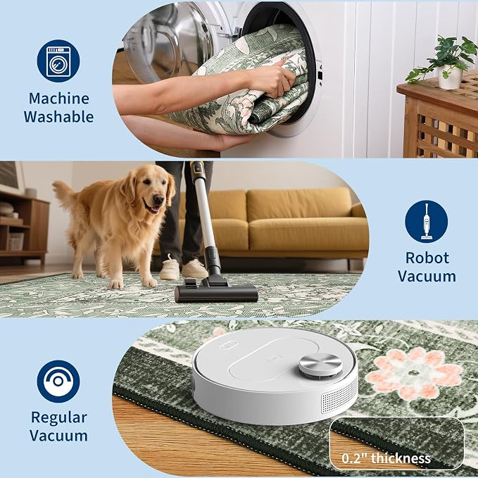 GarveeHome Provence Sage Green 3x5 Rug Washable Non-Slip Low-Pile Indoor Rugs - Image 6