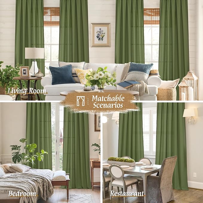 Olive Green Semi Sheer Linen Curtains 72 Inch Length - Image 6