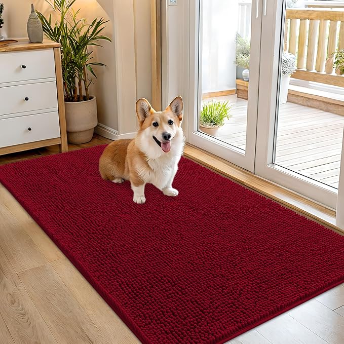 OLANLY Dog Door Mat for Muddy Paws 54x32, Super Absorbent Chenille Mud Mat | Red by OLANLY