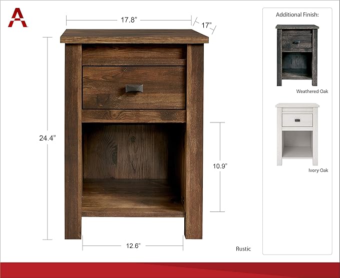 Ameriwood Home Farmington Country Style Nightstand with Barn Door Design, Concealed Drawer and Open Cubby, Weathered Oak