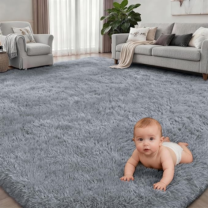 8x10 Area Rug Living Room Bedroom: Fluffy Plush Shag Carpet Gray | - Image 2