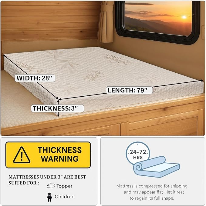 Foamma 3” x 28” x 79” Truck, Camper, RV Travel Visco Gel Memory Foam Bunk Mattress Replacement, Made in USA, Comfortable, Travel Trailer, CertiPUR-US Certified, Cover Not Included