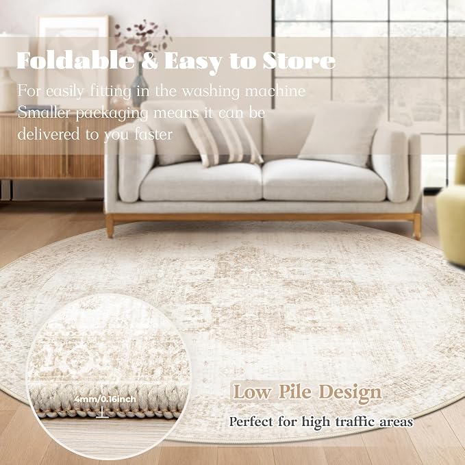 Round Rugs 6ft Washable Rug, Vintage Boho Medallion Rugs Non-Slip Soft Low Pile - Image 7