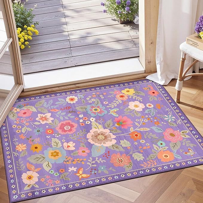 RELEANY Floral Washable 2x3 Area Rugsk Doormat Purple/Pin | Flower Carpet Print by RELEANY
