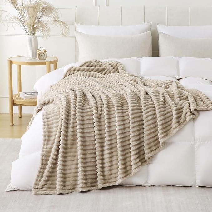 Khaki Throw Blanket for Couch Sofa 60x80 inches Striped Design | Fleece - Image 5