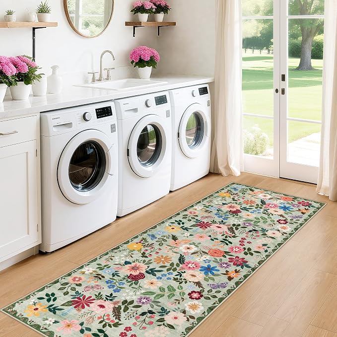 PLHXFR 2.6x8 Washable Runner Rug：Floral Indoor Kitchen Soft Carpet Green | - Image 4