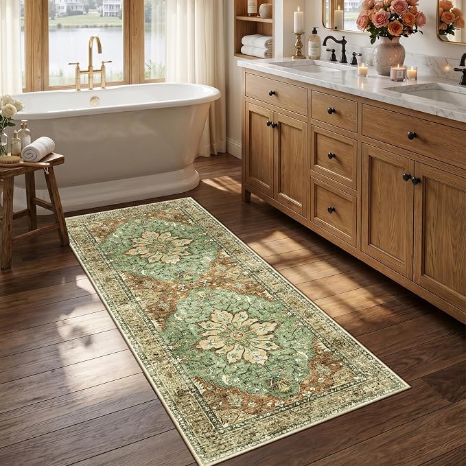 RELEANY Washable Area Rug, Runner 2'6"x5', Brick/Brown/Green | Non-Slip - Image 2